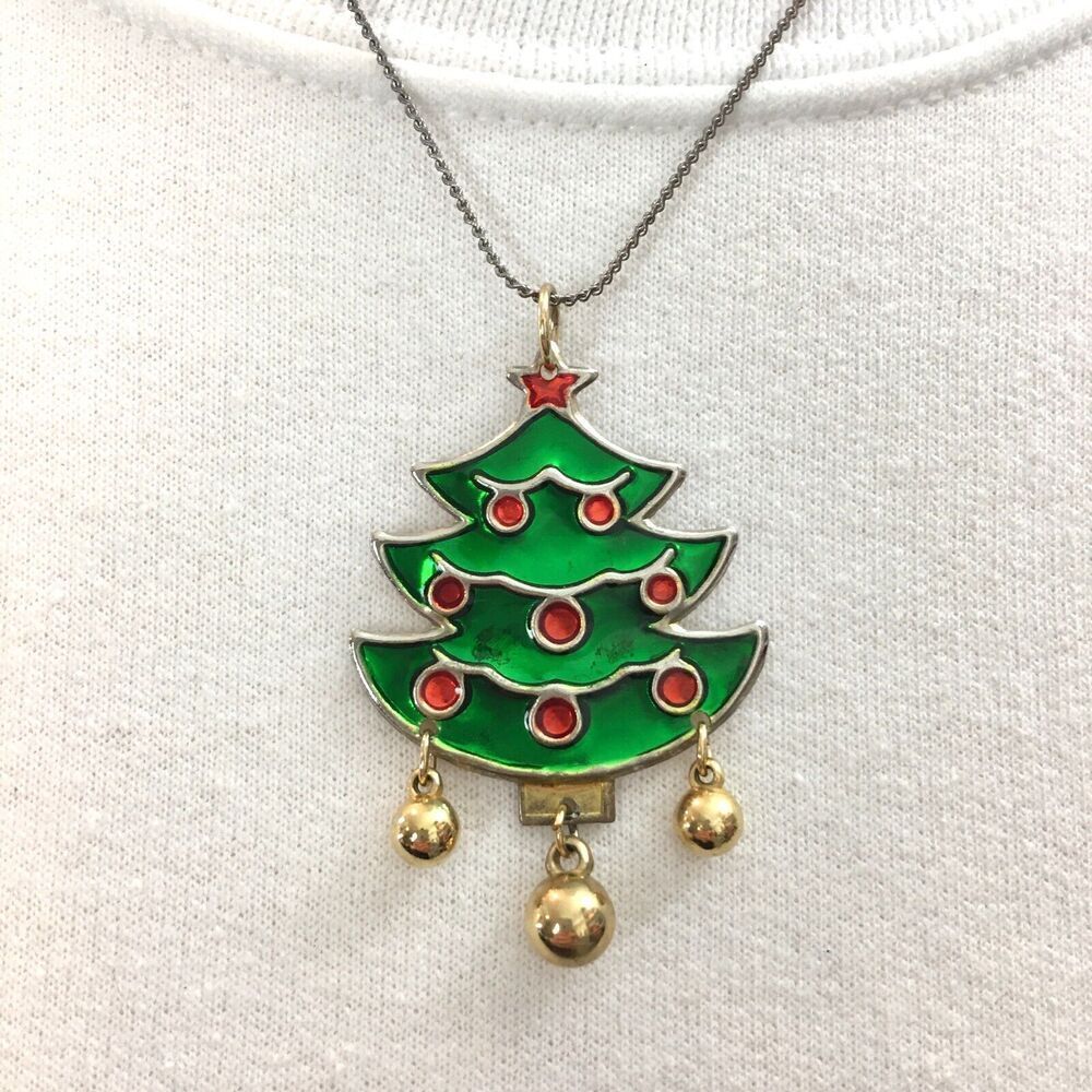 Silver Color 17.5in Christmas Necklace Gold Tone Jingle Bells Green Tree Pendant